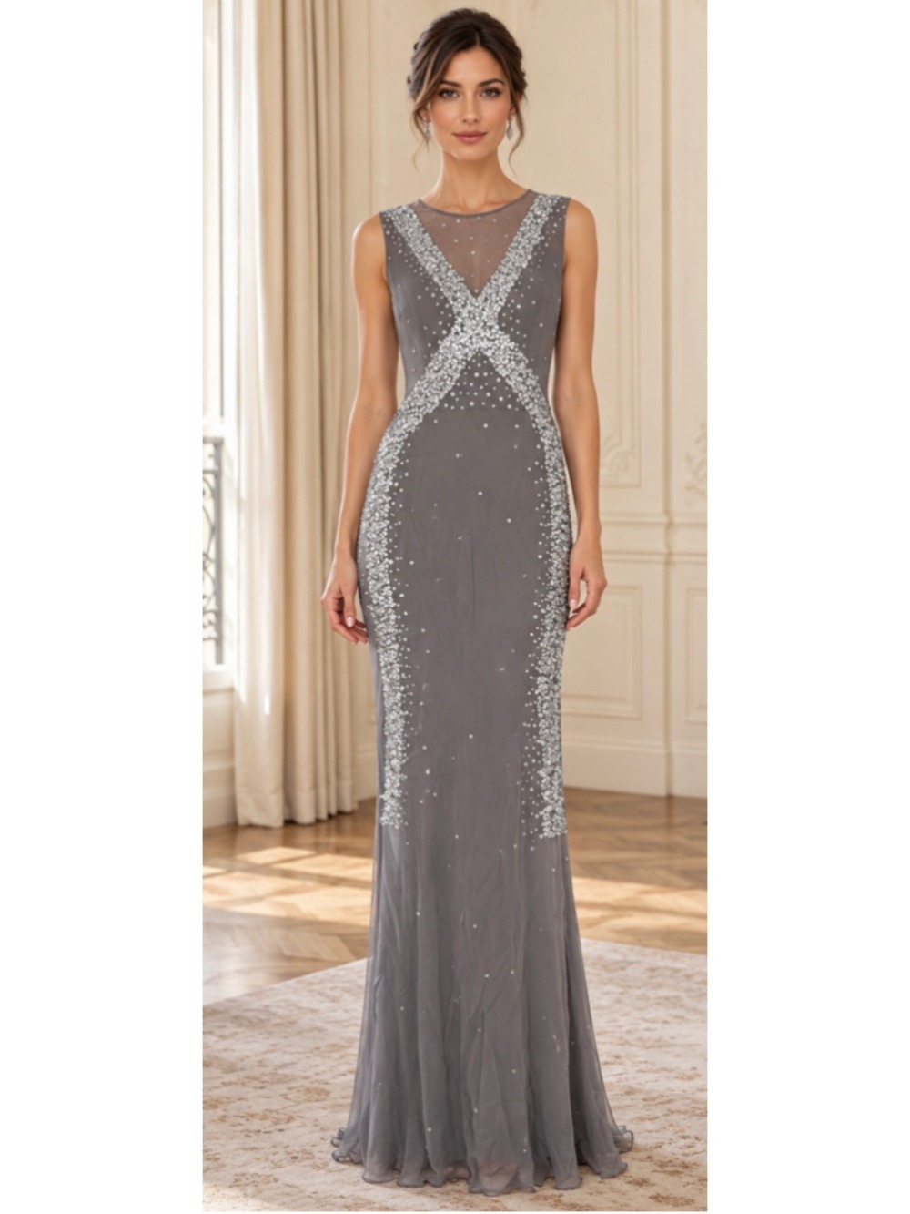 Rachel Gilbert Embellished Dress Size 4 Grey Silver Silk New!